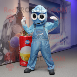 Sky Blue Soda Can mascot costume character dressed with a Dungarees and Headbands