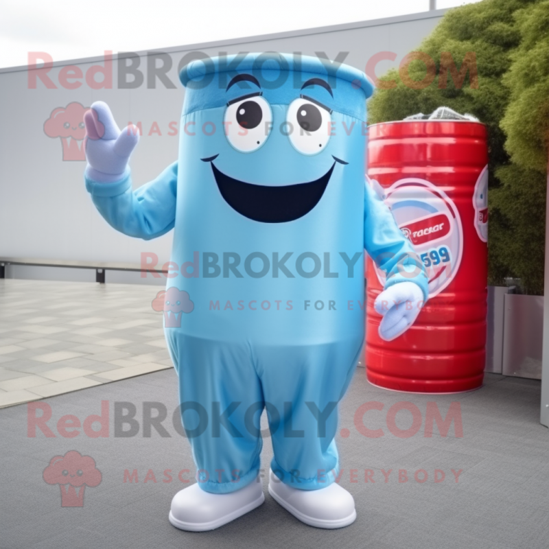 Sky Blue Soda Can mascot costume character dressed with a Dungarees and Headbands