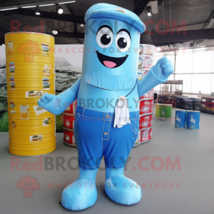 Sky Blue Soda Can mascot costume character dressed with a Dungarees and Headbands