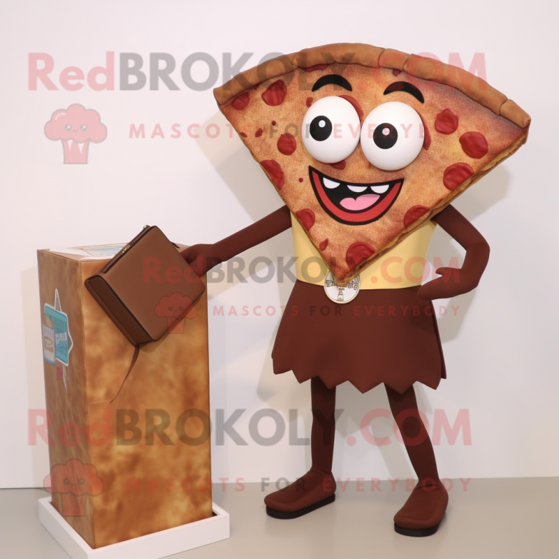 Brown Pizza Slice mascot costume character dressed with a Pencil Skirt and Briefcases