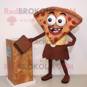 Brown Pizza Slice mascot costume character dressed with a Pencil Skirt and Briefcases