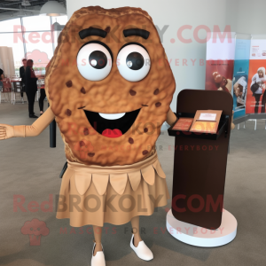 Brown Pizza Slice mascot costume character dressed with a Pencil Skirt and Briefcases