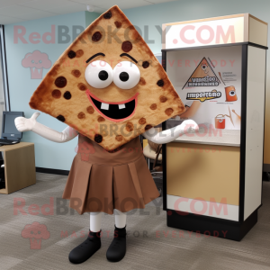 Brown Pizza Slice mascot costume character dressed with a Pencil Skirt and Briefcases