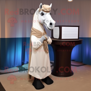 Beige Mare mascot costume character dressed with a Tuxedo and Shawl pins