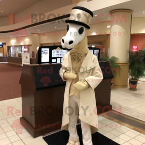 Beige Mare mascot costume character dressed with a Tuxedo and Shawl pins