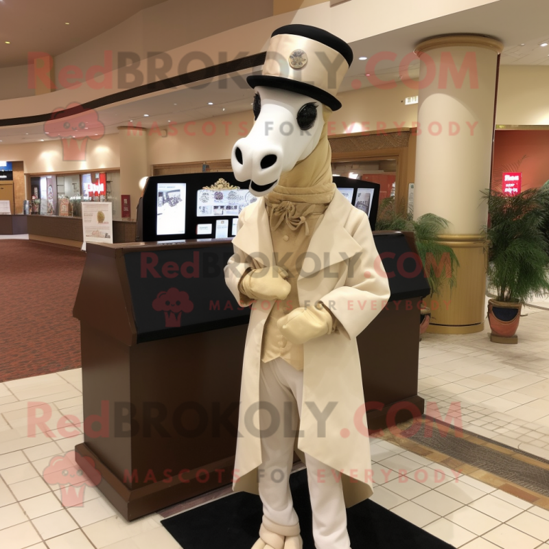 Beige Mare mascot costume character dressed with a Tuxedo and Shawl pins