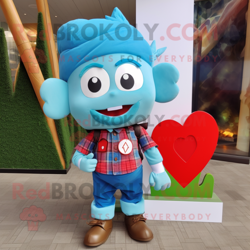 Cyan Arrow Of Love mascot costume character dressed with a Flannel Shirt and Belts Cyan Arrow Of Love mascot costume character dressed with a Flannel Shirt and Belts