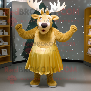 Gold Elk mascot costume character dressed with a A-Line Skirt and Cummerbunds