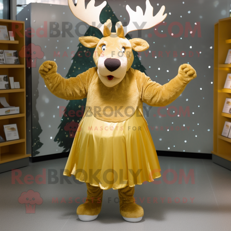 Gold Elk mascot costume character dressed with a A-Line Skirt and Cummerbunds Gold Elk mascot costume character dressed with a A-Line Skirt and Cummerbunds