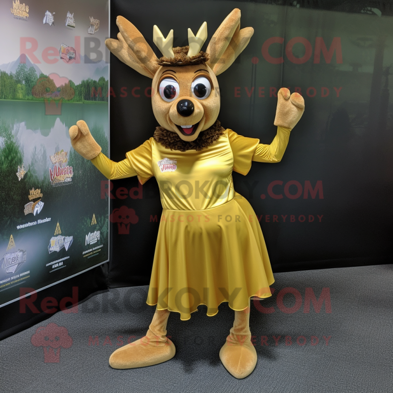Gold Elk mascot costume character dressed with a A-Line Skirt and Cummerbunds Gold Elk mascot costume character dressed with a A-Line Skirt and Cummerbunds