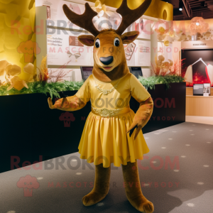 Gold Elk mascot costume character dressed with a A-Line Skirt and Cummerbunds