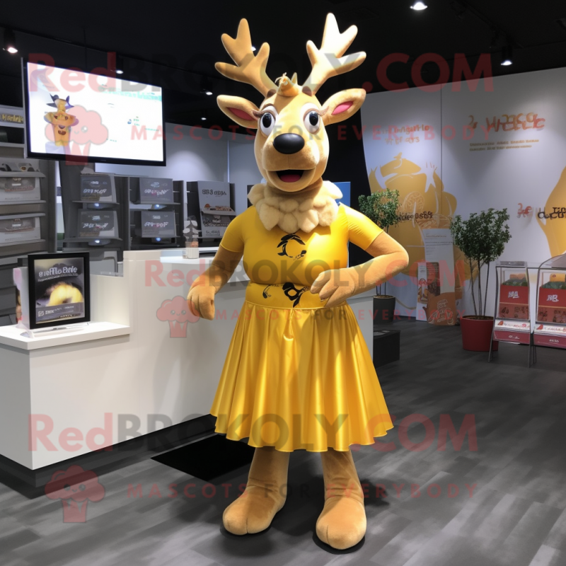Gold Elk mascot costume character dressed with a A-Line Skirt and Cummerbunds Gold Elk mascot costume character dressed with a A-Line Skirt and Cummerbunds