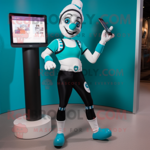 Teal Mime mascot costume character dressed with a Leggings and Smartwatches