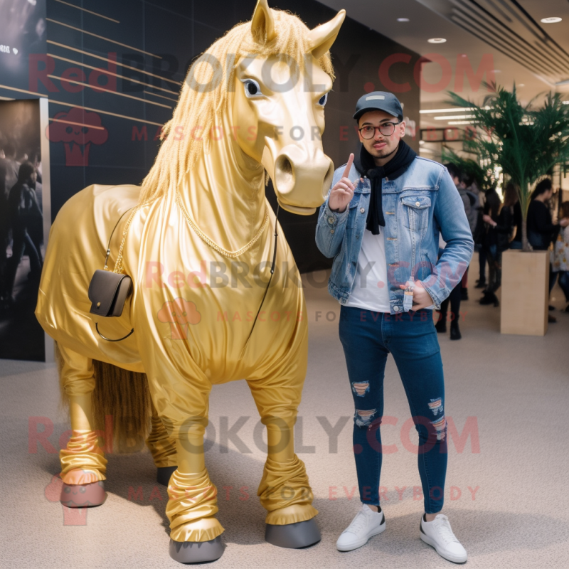 Gold Horse mascot costume character dressed with a Boyfriend Jeans and Shawl pins Gold Horse mascot costume character dressed with a Boyfriend Jeans and Shawl pins