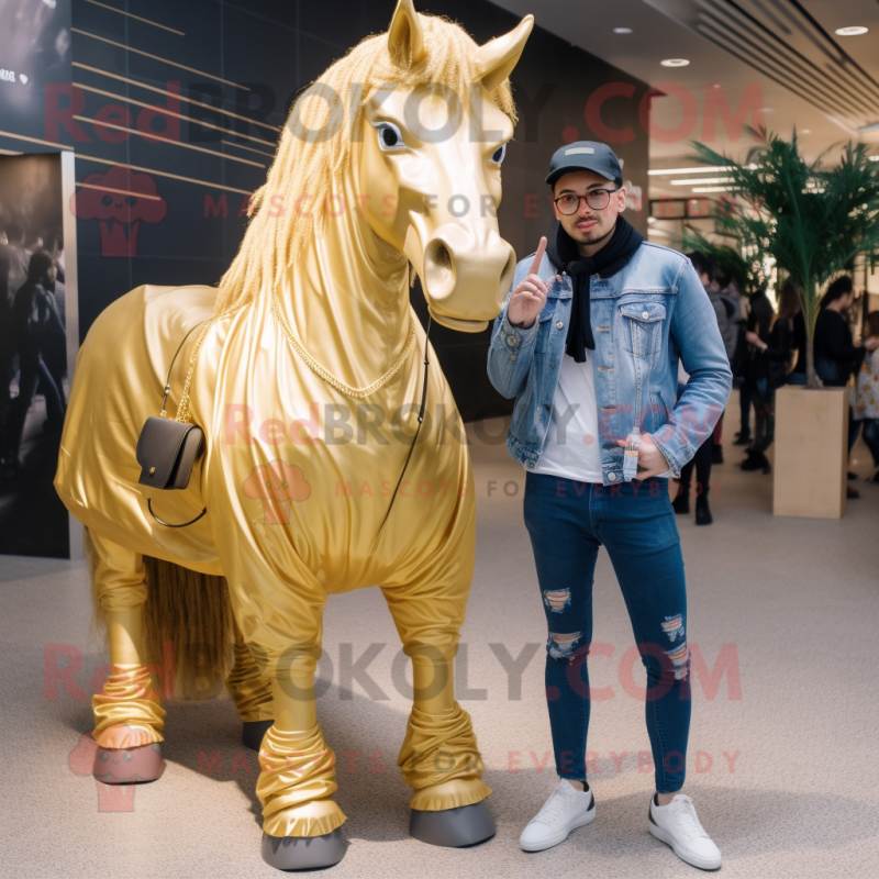 Gold Horse mascot costume character dressed with a Boyfriend Jeans and Shawl pins