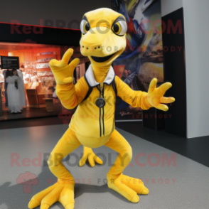 Yellow Coelophysis mascot costume character dressed with a Flare Jeans and Wraps