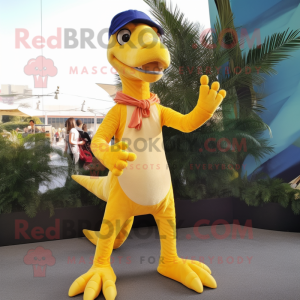 Yellow Coelophysis mascot costume character dressed with a Flare Jeans and Wraps