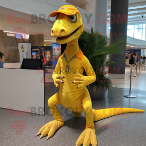 Yellow Coelophysis mascot costume character dressed with a Flare Jeans and Wraps