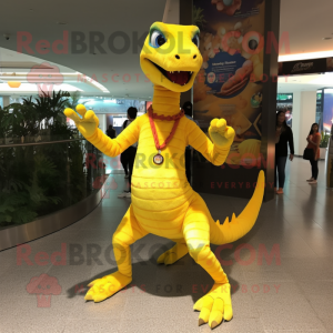 Yellow Coelophysis mascot costume character dressed with a Flare Jeans and Wraps