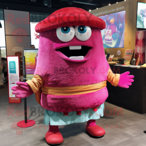 Magenta Burgers mascot costume character dressed with a Denim Shorts and Shawl pins