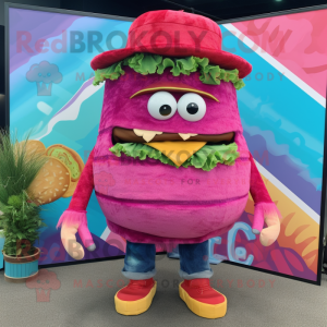 Magenta Burgers mascot costume character dressed with a Denim Shorts and Shawl pins