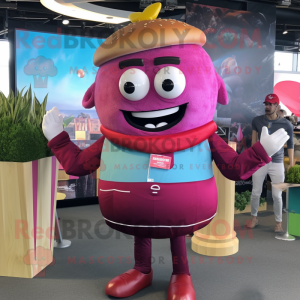 Magenta Burgers mascot costume character dressed with a Denim Shorts and Shawl pins