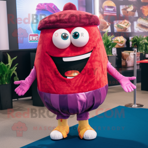 Magenta Burgers mascot costume character dressed with a Denim Shorts and Shawl pins