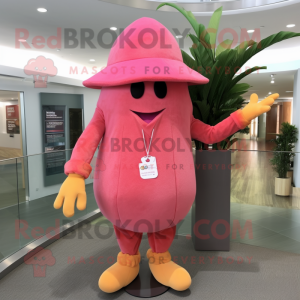 Pink Mango mascot costume character dressed with a Long Sleeve Tee and Hat pins
