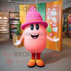 Pink Mango mascot costume character dressed with a Long Sleeve Tee and Hat pins