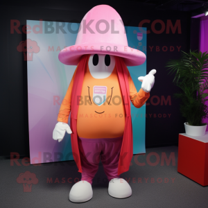 Pink Mango mascot costume character dressed with a Long Sleeve Tee and Hat pins