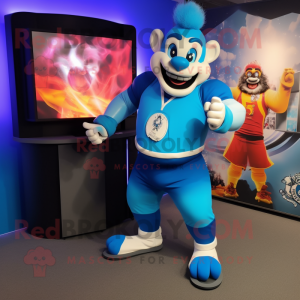 Blue Fire Eater mascot costume character dressed with a Rugby Shirt and Digital watches