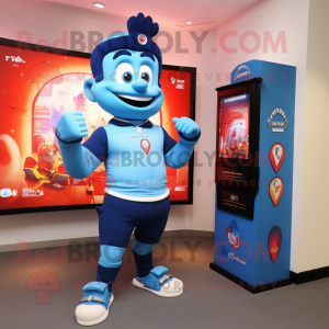 Blue Fire Eater mascot costume character dressed with a Rugby Shirt and Digital watches