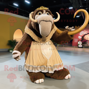 Brown Mammoth mascot costume character dressed with a Ball Gown and Rings