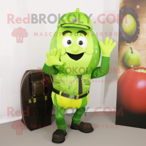 Lime Green Grenade mascot costume character dressed with a Waistcoat and Coin purses