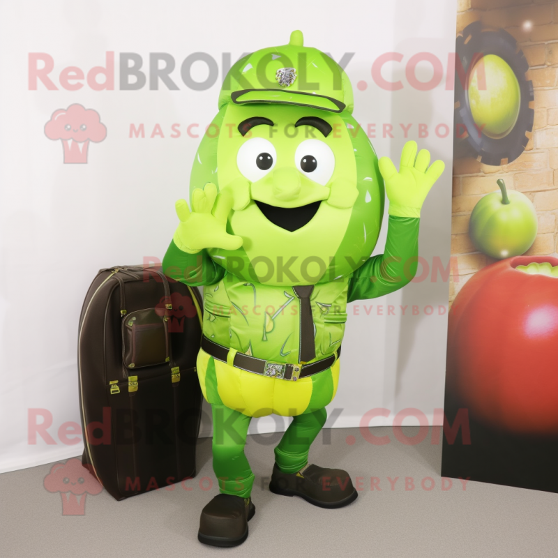 Lime Green Grenade mascot costume character dressed with a Waistcoat and Coin purses Lime Green Grenade mascot costume character dressed with a Waistcoat and Coin purses