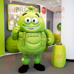 Lime Green Grenade mascot costume character dressed with a Waistcoat and Coin purses