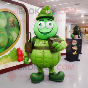 Lime Green Grenade mascot costume character dressed with a Waistcoat and Coin purses