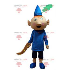 Red pixie mascot dressed in blue outfit with a hat -