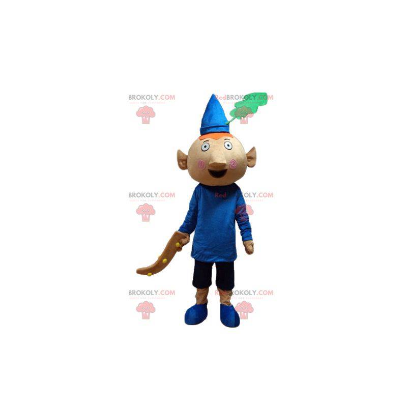 Red pixie mascot dressed in blue outfit with a hat -