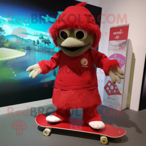 Red Skateboard mascot costume character dressed with a Culottes and Cummerbunds