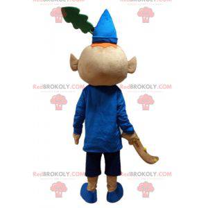 Red pixie mascot dressed in blue outfit with a hat -