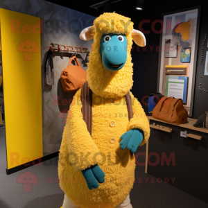 Yellow Merino Sheep mascot costume character dressed with a Trousers and Scarf clips