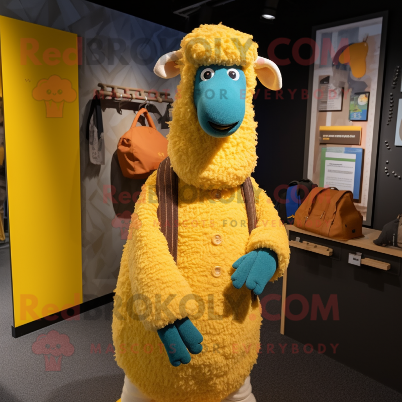 Yellow Merino Sheep mascot costume character dressed with a Trousers and Scarf clips