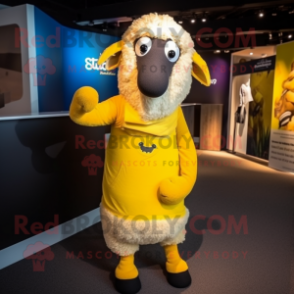 Yellow Merino Sheep mascot costume character dressed with a Trousers and Scarf clips