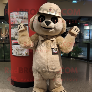 Beige Sloth mascot costume character dressed with a Henley Tee and Hat pins