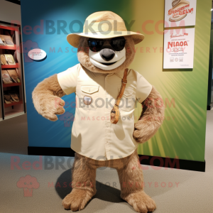 Beige Sloth mascot costume character dressed with a Henley Tee and Hat pins