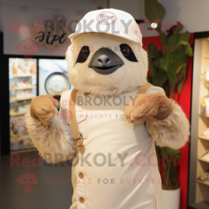 Beige Sloth mascot costume character dressed with a Henley Tee and Hat pins