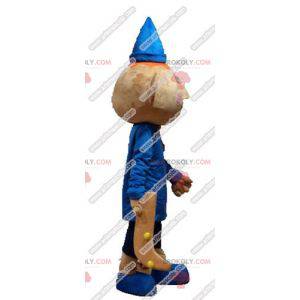 Red pixie mascot dressed in blue outfit with a hat -