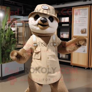 Beige Sloth mascot costume character dressed with a Henley Tee and Hat pins