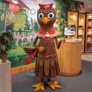 Brown Woodpecker mascot costume character dressed with a Cocktail Dress and Coin purses